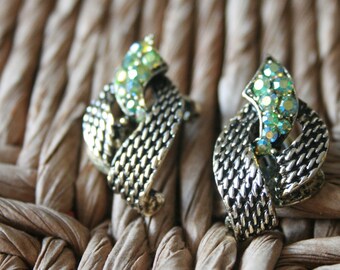 Vintage Green Rhinestone Clip On Earrings