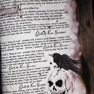 May include: A black raven perched on a skull with a quote from Edgar Allan Poe's poem "The Raven" written on a parchment background. The quote reads, "Quoth the Raven - Nevermore."