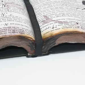 May include: An open, antique book with aged, yellowed pages and black leather binding. The pages are filled with handwritten text and illustrations. The book is open to a page with a large, dark tree illustration.