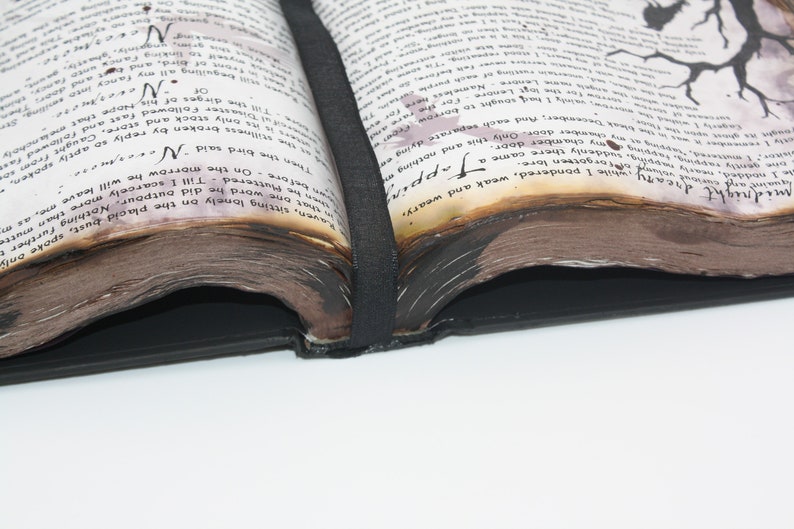 May include: An open, antique book with aged, yellowed pages and black leather binding. The pages are filled with handwritten text and illustrations. The book is open to a page with a large, dark tree illustration.