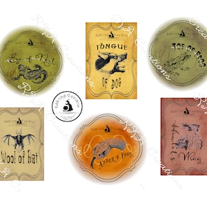 May include: Six vintage-style potion bottle labels with illustrations of various creatures. The labels are printed on a parchment-like background with a distressed look. The labels read: "Eye of Newt", "Tongue of Dog", "Toe of Frog", "Wool of Bat", "Adder's Fork", and "Howlet's Wing".