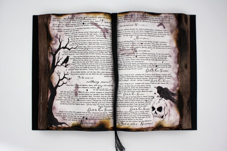 May include: An open book with black pages and a brown, aged, and textured cover. The pages are filled with handwritten text and illustrations of a tree, a raven, and a skull. The text on the pages includes the words "midnight dream", "nothing more", "Quoth the Raven Nevermore", and "November".