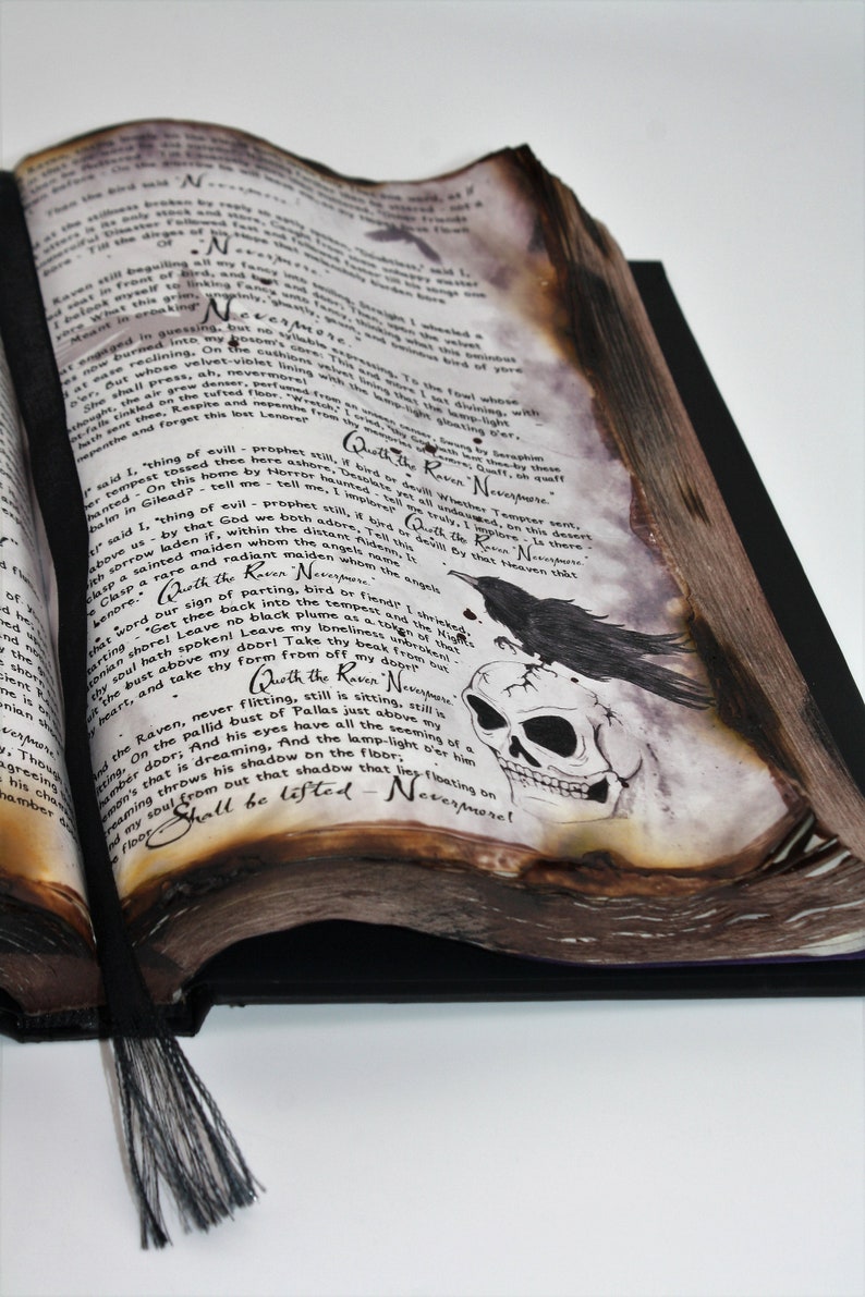 May include: A vintage book with a dark, gothic aesthetic. The pages are open to reveal a skull with a raven perched on top. The text on the page reads "Quoth the Raven Nevermore".