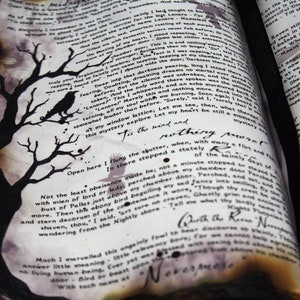 May include: An open book with aged, yellowed pages. The pages are filled with handwritten text and illustrations. The book is open to a page with a black and white illustration of a tree with a crow perched on a branch. The text on the page reads "Tis the wind and nothing more."