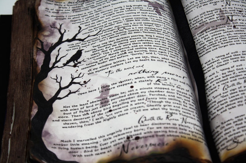 May include: An open book with aged, yellowed pages. The pages are filled with handwritten text and illustrations. The book is open to a page with a black and white illustration of a tree with a crow perched on a branch. The text on the page reads "Tis the wind and nothing more."