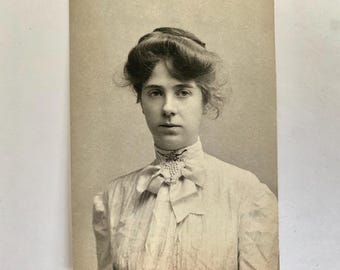 Antique Snapshot Beautiful Lady with Ribbon and High Neckline Dress Soft and Dreamy Black & White Photo