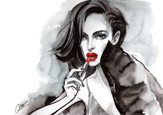 Illustration Of Dior Red Lipstick Makeup Sexy Art Print Watercolor Fashion Painting Wall Art Home Decor Natalie Portman Illustration