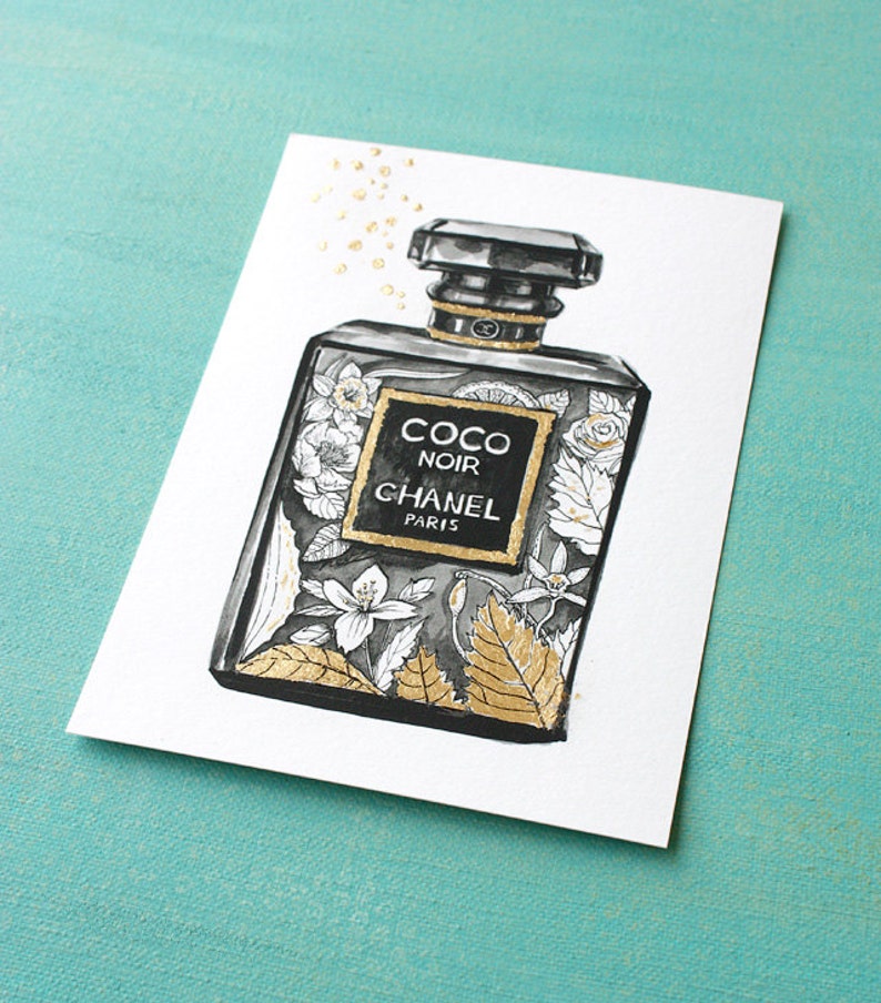 Coco Noir Gold Leaf Chanel Perfume Watercolor Illustration Etsy