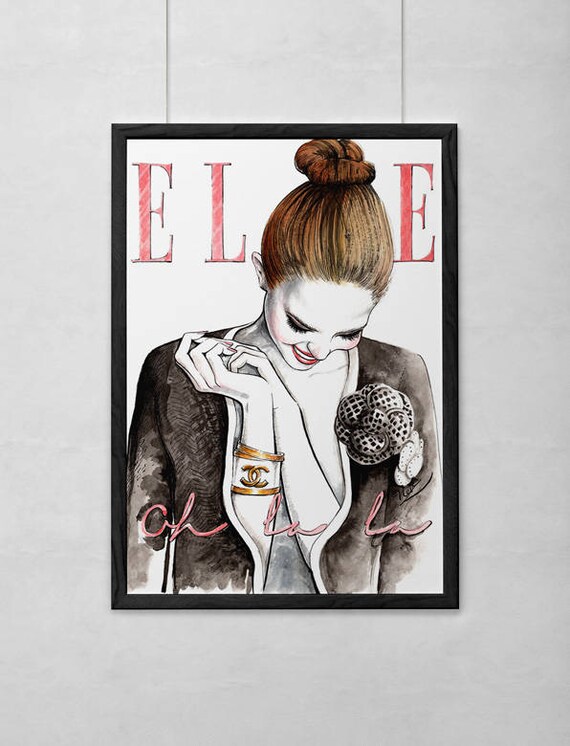 Archival Art Print Elle Cover Danmark Coco Chanel Fashion Illustration Sexy Smiling Woman Nadja Bender With Bun Wall Art Home Decor Style