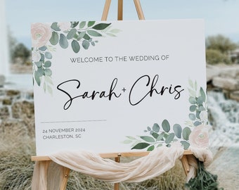 Printed Wedding Welcome Sign Minimalist Welcome Wedding Sign, Modern Wedding Signs, Wedding Board Foam Poster Canvas, Eucalyptus Floral