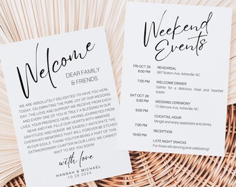 Welcome Letter & Timeline Template, Minimalist Wedding Order of Events, Modern Itinerary, INSTANT DOWNLOAD, All Editable Text