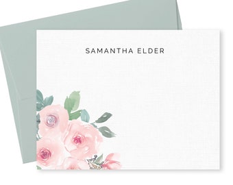 Personalized Note Cards with Envelopes, Floral Stationery Set, Watercolor Stationary Cards, Thank You Flat Notecards, Stationery for Women