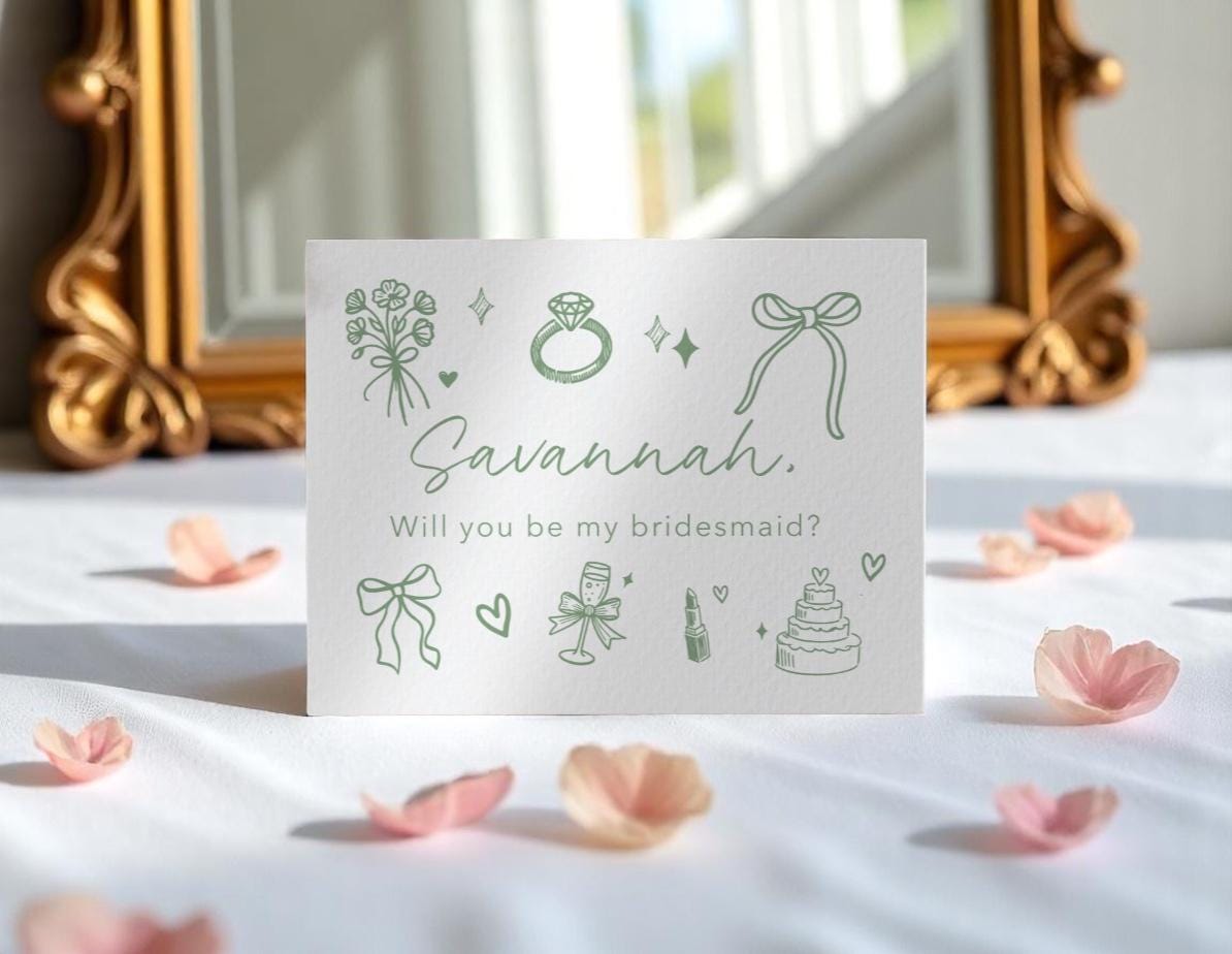 Will You Be My Bridesmaid Card, Maid of Honor Proposal Blue Pink Green Hand Drawn Bow | Bridesmaid Proposal | Hand Drawn, Bridesmaid Gift