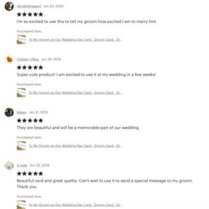 May include: Four customer reviews for a wedding card that says "To My Groom on Our Wedding Day Card". The reviews are all positive and mention the card's quality and how excited the customers are to use it for their weddings.