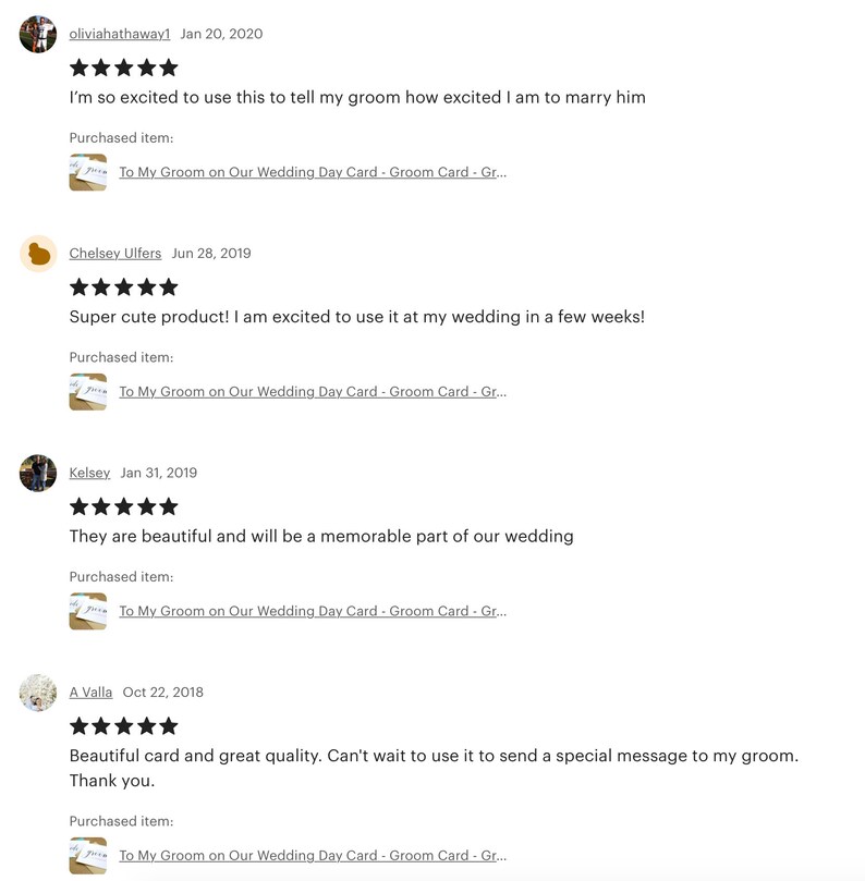 May include: Four customer reviews for a wedding card that says "To My Groom on Our Wedding Day Card". The reviews are all positive and mention the card's quality and how excited the customers are to use it for their weddings.