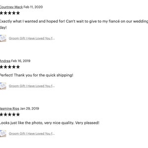May include: Three customer reviews for a product with five stars and positive comments. The product is a card with the text "Groom Gift I Have Loved You..." printed on it.