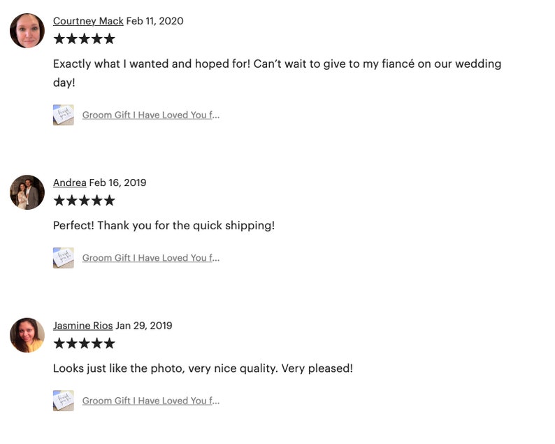 May include: Three customer reviews for a product with five stars and positive comments. The product is a card with the text "Groom Gift I Have Loved You..." printed on it.