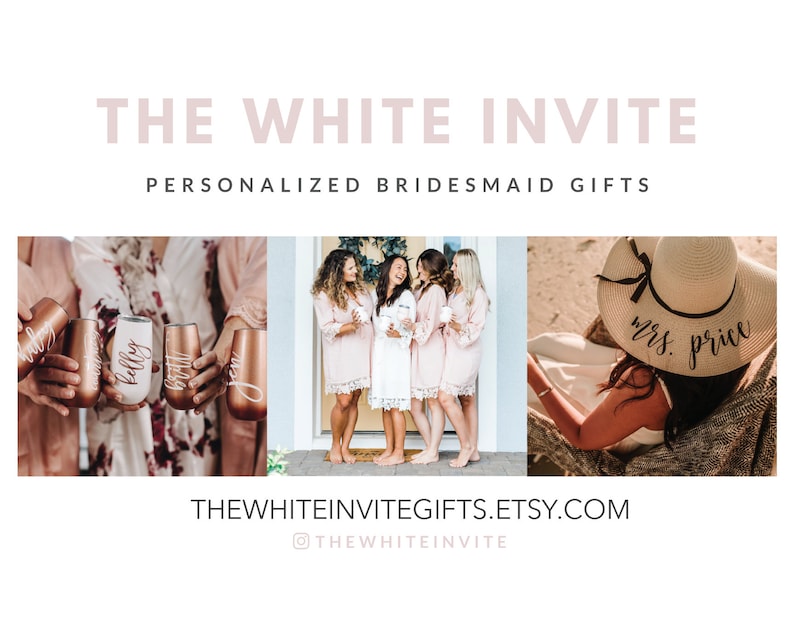 May include: A collection of personalized bridesmaid gifts, including rose gold tumblers with names and a straw hat with the text "mrs. price".