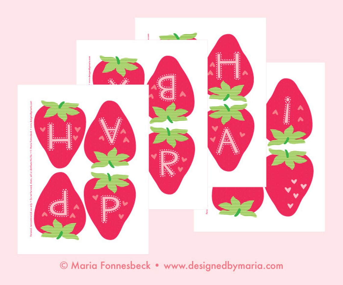 Strawberry Happy Birthday Banner Printable Decoration Etsy