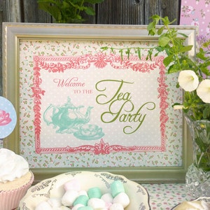 Tea Party Welcome Sign Printable: Party Decoration Sign - Bridal Shower, Baby Shower, or Birthday -- Vintage Shabby Chic Tea Pot and Cup