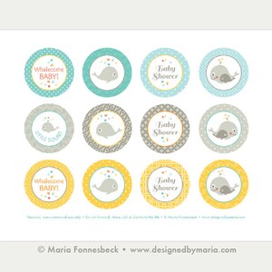 Baby Shower Cupcake Toppers Printable: 2 Party Circles Whale Party Decoration Boy or Girl Instant Download Under the Sea image 2