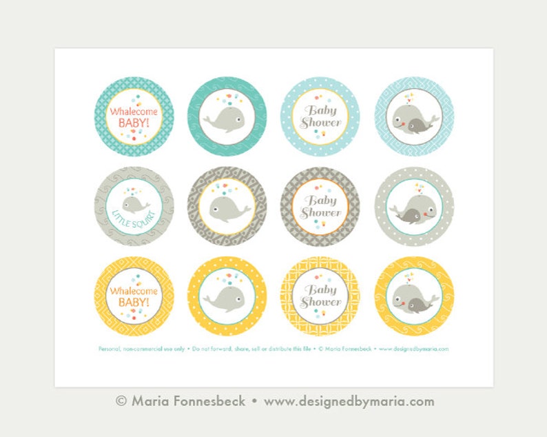 Baby Shower Cupcake Toppers Printable: 2 Party Circles Whale Party Decoration Boy or Girl Instant Download Under the Sea image 2