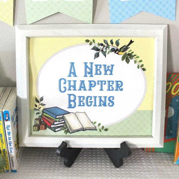 Storybook Baby Shower Welcome Sign Printable for Gender-Neutral: A New Chapter Begins, Eclectic Vintage Book Themed Design 8 x 10 inches