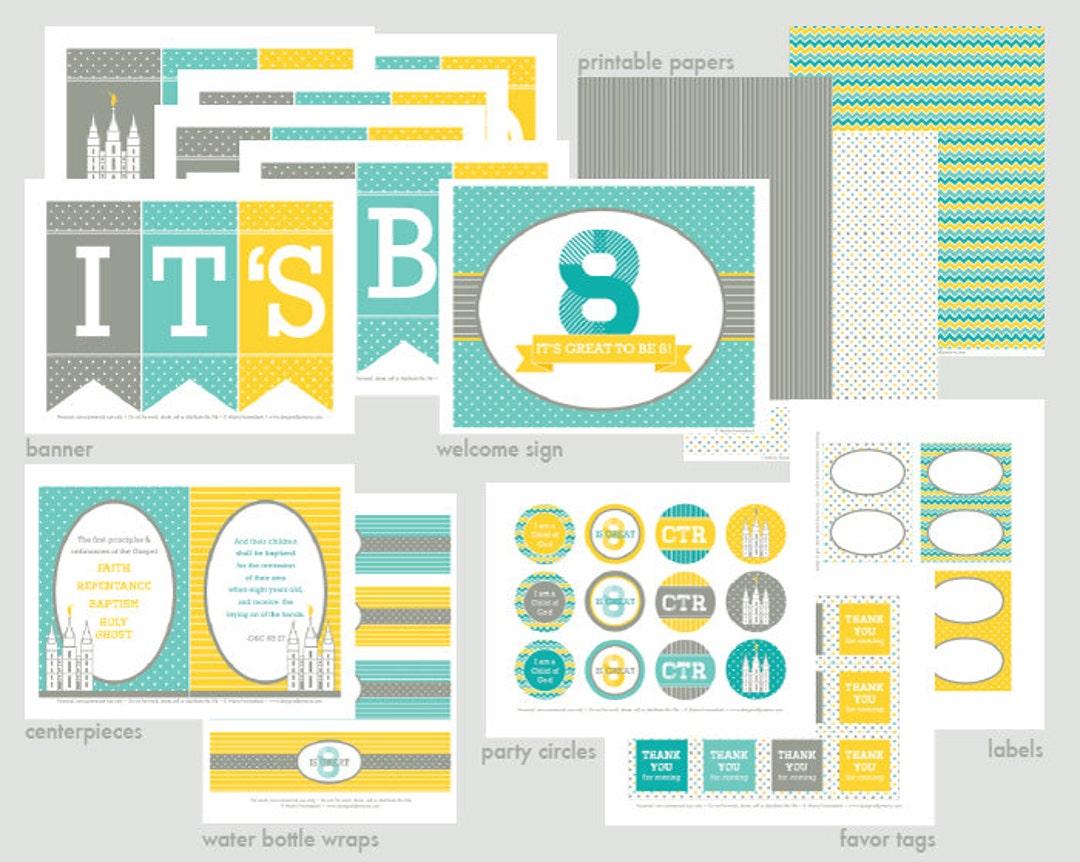 LDS Great to Be 8 Party Printable Set: Gray, Yellow &amp; Turquoise Baptism ...