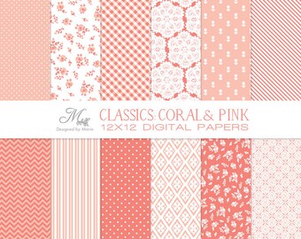 Digital Paper Coral & Pink: Classic Patterns for Scrapbooking, Cards, and Papercrafting - Polkadots, Chevron, Stripes, Floral, Lace...