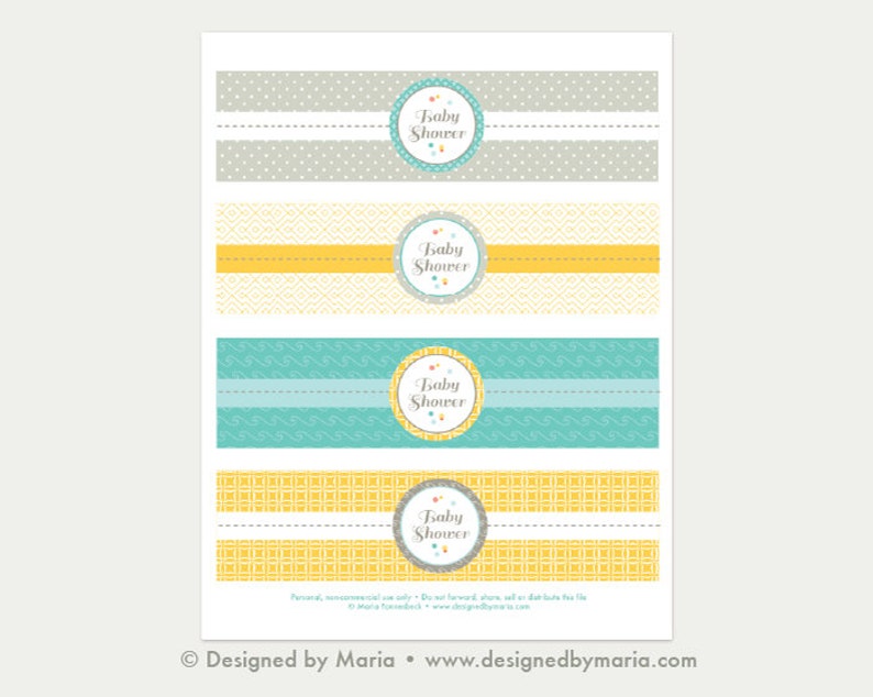 Baby Shower Water Bottle Wraps Printable: Boy or Girl Wrappers Instant Download for Baby Shower Yellow, Aqua, Gray Under the Sea image 1