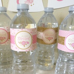 Girl Baby Blessing Water Bottle Wraps Printable: Party Wrappers -- Instant Download for Girl Baby Shower or Christening Party in Pink & Gold