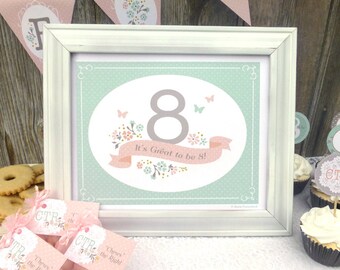 LDS Baptism Decoration Printable: Girl's Baptism Party Sign - It's Great to be 8 - Mint, Peach, and Gray with Banner and Flowers