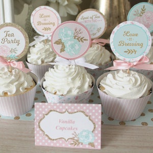 Tea Party Bridal Shower Cupcake Toppers Printable: 2" Party Circles Decoration - Shabby Chic Floral Pink Gold- Love is Brewing & Bride-to-Be