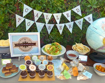 LDS Mission Farewell Party Printable Set or Mission Reveal Party - Travel Themed Party Kit Downloads - Called to Serve Banner & Decorations