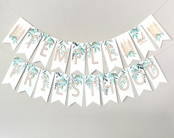 Temple & Priesthood Preparation Meeting Banner: LDS Primary Advancement Decoration Kit Instant Download - Bunting Sage Leaves Gold Temple
