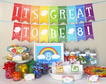 Great to be 8 Rainbow Party Printable Set: LDS Baptism Party Kit Downloads - Decorations, Banner, Welcome Sign, Cupcake Toppers, Favor Tags