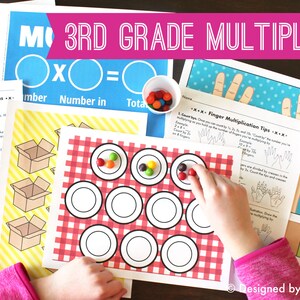 May include: A colorful worksheet with the words "3rd Grade Multiply" in pink letters. The worksheet includes a multiplication problem with circles and a child's hand placing colorful candies on a plate. The worksheet also includes a section titled "Finger Multiplication Tips" with illustrations of hands.