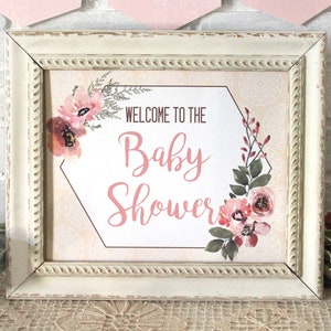 BOHO Baby Shower Welcome Sign Printable for Girl: Pretty Watercolor Floral Design with Roses in Dusty Pink, Mauve, Beige 8 x 10 inches