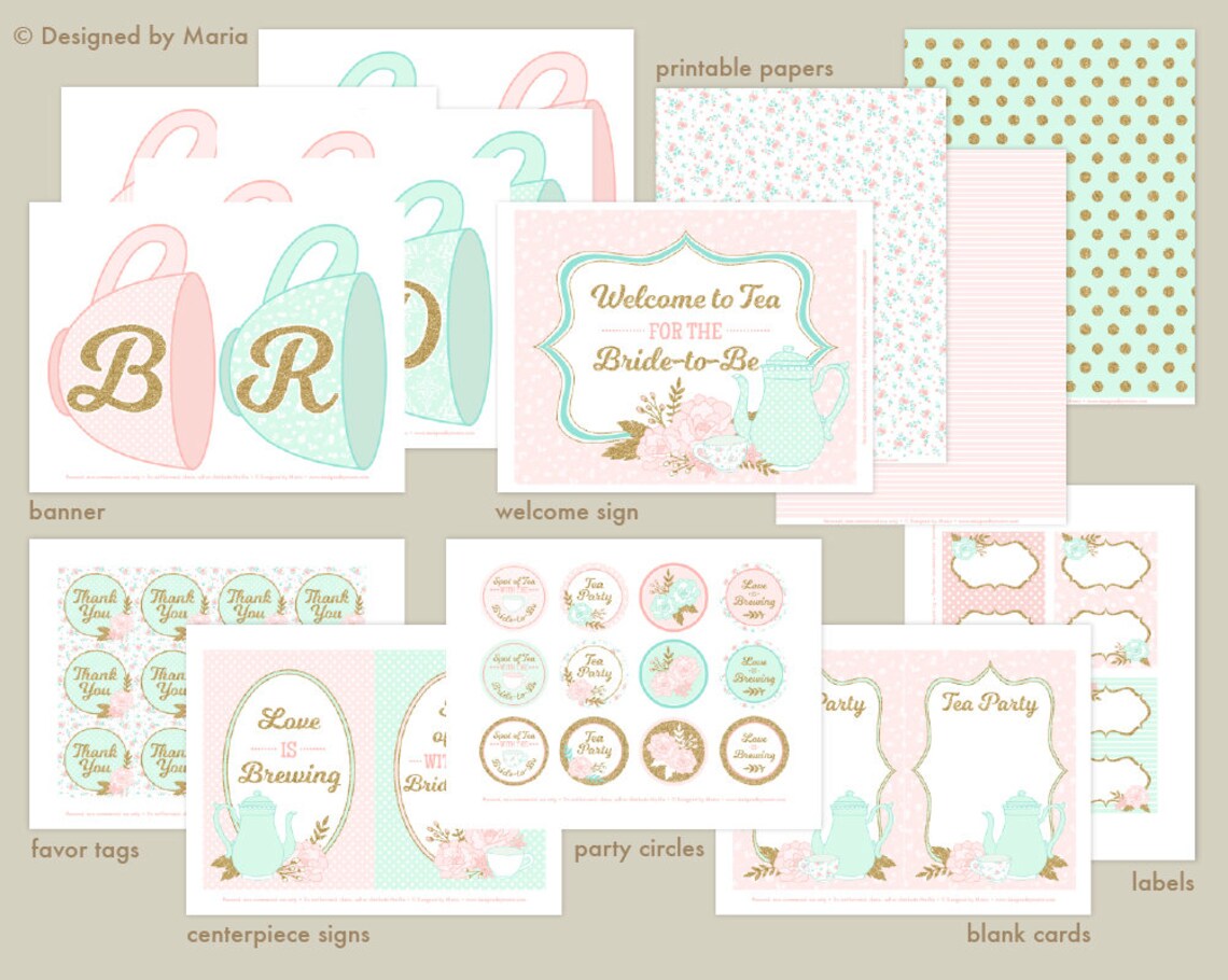 Tea Party Bridal Shower Printable Set Decorations: Classic - Etsy