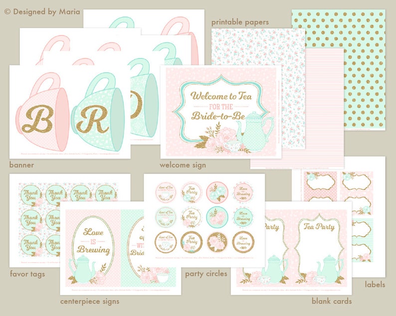 Tea Party Bridal Shower Printable Set Decorations Classic Etsy