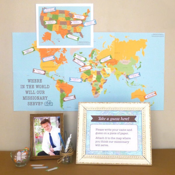 LDS Mission Reveal Party Printable - Includes World Map, USA Map, Guess Arrows, Explanation Sign for Opening LDS Mission Call