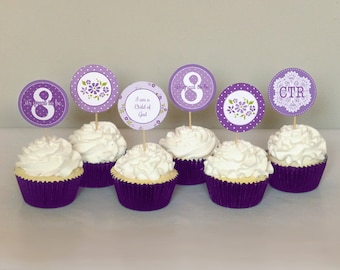 LDS Girl Baptism Cupcake Toppers Printable: Purple Great to Be 8 - 2" Party Circles - Download Decoration - I am a Child of God, CTR, floral