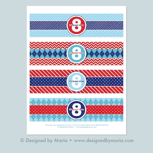 May include: Four printable labels for beverage containers. Each label features a different red, white, and blue pattern with a circle containing the number "8" and the text "It's great to be".