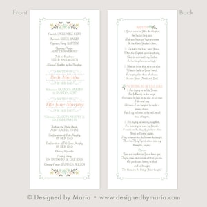 May include: A green and white floral design card with the text "Baptism of Beth Murphy" and "Baptism of Elle Jane Murphy" on the front. The back of the card features a poem titled "I'm Trying to Be Like Jesus".