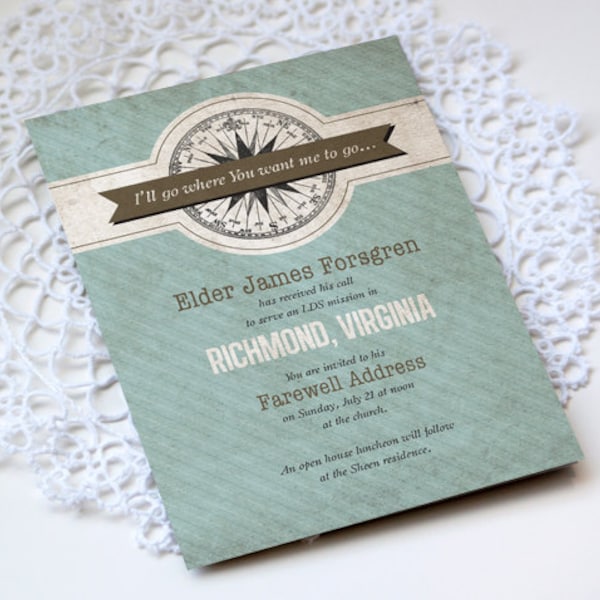 LDS Misson Announcement Invitation: Printable Compass Design - I'll Go Where You Want Me to Go