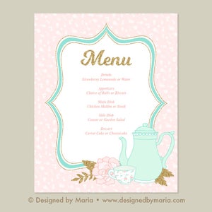 Leeres Menü zum Ausdrucken: Teeparty, Mittagessen, Babyparty, Geburtstag oder Brautparty - bearbeitbares PDF - hübsche Blumenteekanne
