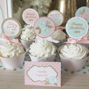 Tea for Two 2 Birthday Party Cupcake Toppers Printable: 2&quot; Party Circles Decoration - Shabby Chic Floral Pink Gold - Happy Birthday Decor