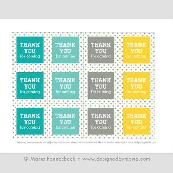 Thank You Tags Printable: Party Favor Tags for Goodie Bags or Gift Tag - Birthday Party, Baby Shower - Turquoise, Teal, Aqua, Gray, Yellow