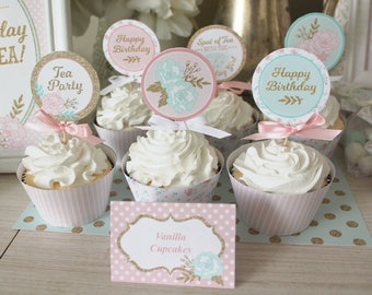 Tea Party Birthday Party Cupcake Toppers Printable: 2" Party Circles Decoration - Shabby Chic Floral Pink Gold- Spot of Tea Happy Birthday