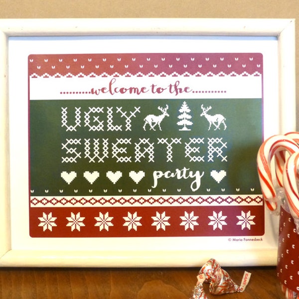 Ugly Sweater Party Welcome Sign Printable: Christmas Party Decoration - Holiday Party with Red and Green Tacky Sweater Design - 8 x 10 Sign